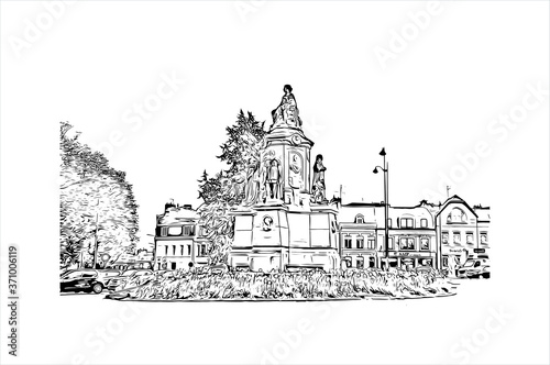 Building view with landmark of Amiens is a city in northern France, divided by the Somme river. Hand drawn sketch illustration in vector.