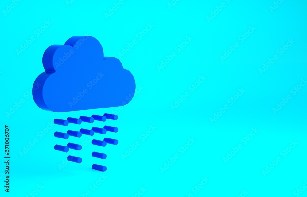 Blue Cloud with rain icon isolated on blue background. Rain cloud precipitation with rain drops. Minimalism concept. 3d illustration 3D render.