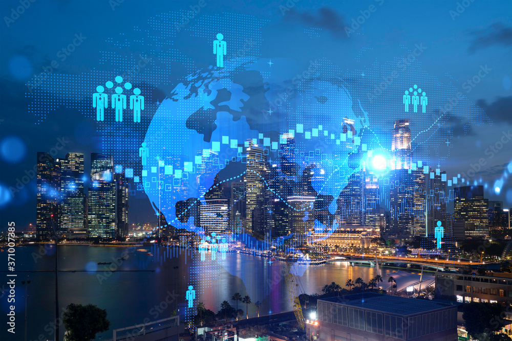 Glowing Social media icons on night panoramic city view of Singapore, Asia. The concept of networking and establishing new connections between people and businesses. Double exposure. Glowing Social media icons on night panoramic city view of Singapore, Asia. The concept of networking and establishing new connections between people and businesses. Double exposure.
