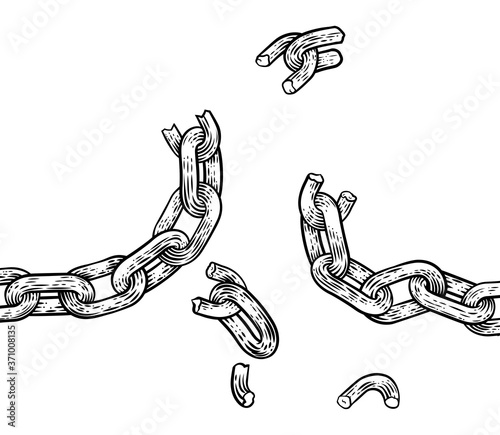 A chain breaking freedom concept illustration in a vintage woodcut style