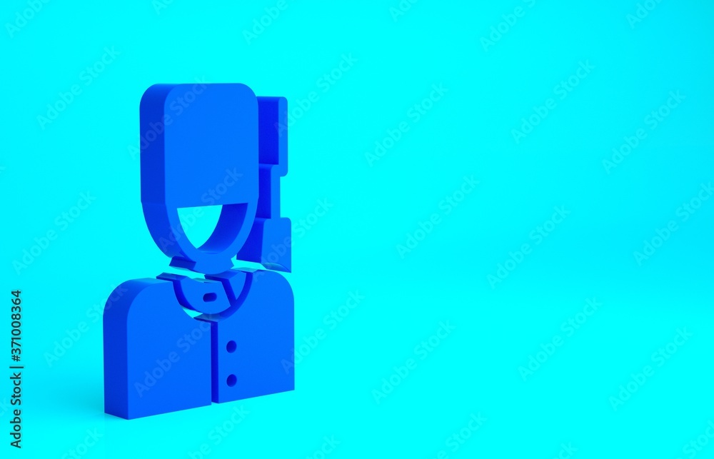 Blue British guardsman with bearskin hat marching icon isolated on blue background. Minimalism concept. 3d illustration 3D render. Blue British guardsman with bearskin hat marching icon isolated on blue background. Minimalism concept. 3d illustration 3D render.