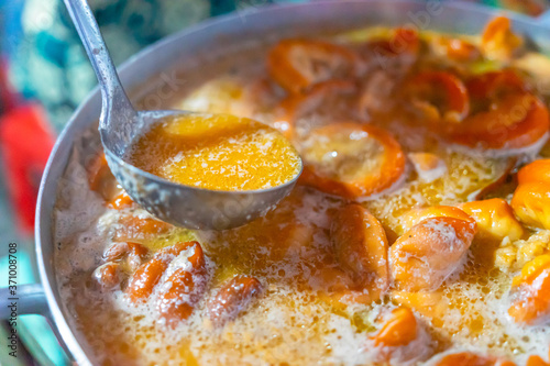 Close focus of Vietnamese braised beef offal or beef offal stew ( pha lau ): It's a popular snack in southern Vietnam, Vietnamese street food.