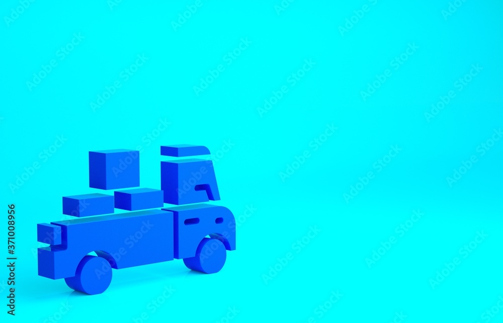 Fototapeta premium Blue Delivery truck with cardboard boxes behind icon isolated on blue background. Minimalism concept. 3d illustration 3D render.