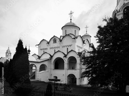 black and white photos of old white stone Russian Orthodox churches in Suzdal