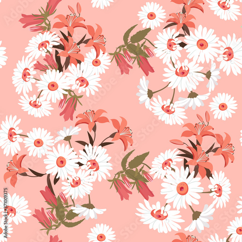 Vector floral seamless pattern with lilies, campanula and chamomile on a pink background.
