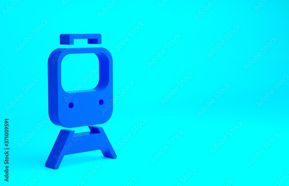 Blue Train and railway icon isolated on blue background. Public transportation symbol. Subway train transport. Metro underground. Minimalism concept. 3d illustration 3D render. Blue Train and railway icon isolated on blue background. Public transportation symbol. Subway train transport. Metro underground. Minimalism concept. 3d illustration 3D render.