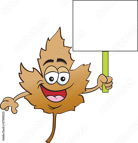 Cartoon illustration of a smiling Fall leaf holding a sign.