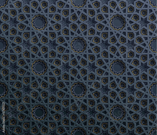 Seamless symmetrical abstract vector background in arabian style made of emboss geometric shapes with shadow.