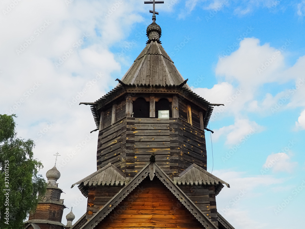 photo of the wooden tower of the Russian Orthodox Church