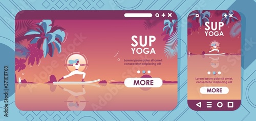 Landing page cross-platform design sup yoga on sunset vector concept illustration. Banners or website headers for mobile and desktop browser in vibrant colors