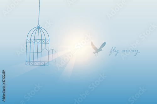 bird flies out of the cage into the sunny sky vector illustration EPS10