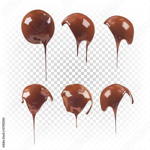 A set of molten liquid chocolate covering a sphere. Vector 3d realistic illustration isolated on white transparent background.