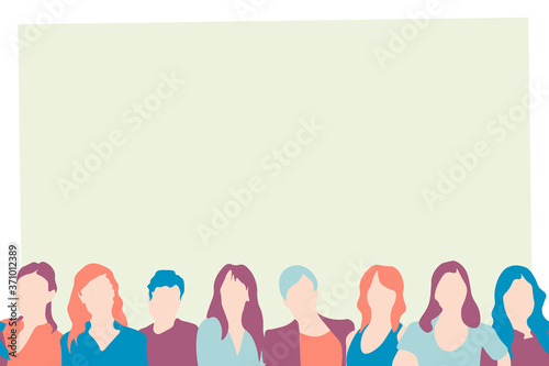 Women banner with copy space. Flat colourful illustration of women side by side, copy space area above.