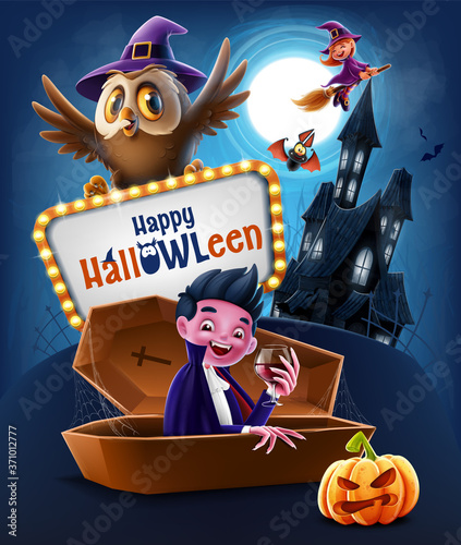 dracula in the grave with glass in hand halloween scenery with owl and witch

