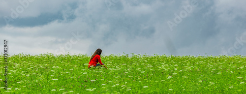 Frau pflückt Blumen in einer Blumenwiese