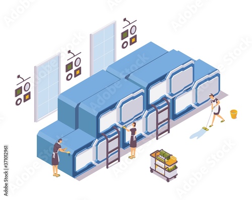 Isometric staff cleaning in the capsule hotel. Maids wash the floor, wipes the dust isolated on white background interior scene
