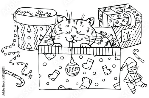 coloring of a cat hidden in a box with Christmas toys-decorations, holding a Christmas ball in his teeth, around a box with gifts for New year and Christmas, contour drawing by hand,