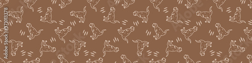 Seamless background Carnotaurus dinosaur gender neutral baby border pattern. Simple whimsical minimal earthy 2 tone color. Kids nursery decor edging fashion ribbon trim.