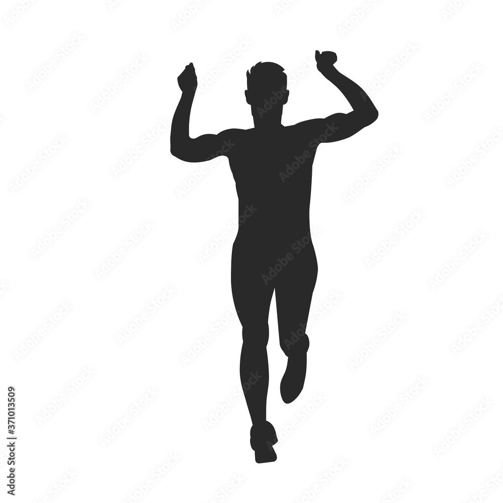Silhouette of a running winner with his hands up