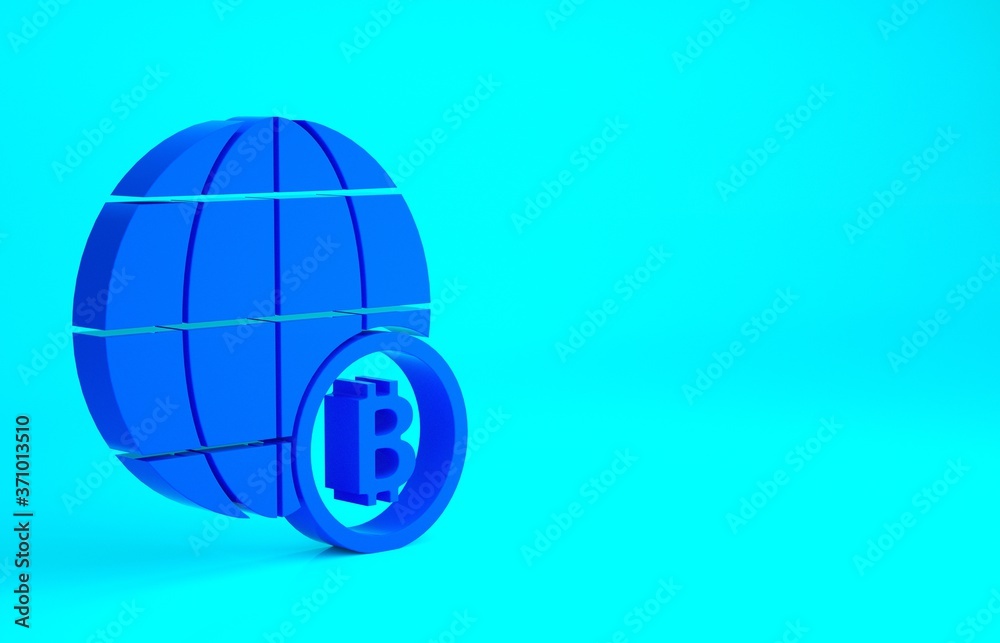 Blue Globe and cryptocurrency coin Bitcoin icon isolated on blue background. Physical bit coin. Blockchain based secure crypto currency. Minimalism concept. 3d illustration 3D render. Blue Globe and cryptocurrency coin Bitcoin icon isolated on blue background. Physical bit coin. Blockchain based secure crypto currency. Minimalism concept. 3d illustration 3D render.