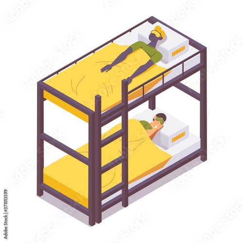 Men sleeping in bunk bed isometric. Hostel element 3d design