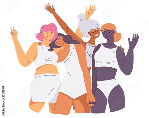 Bodypositive female characters of various skin colors. Smiling women hugging each other in white swimsuits. Vector concept feminism illustration