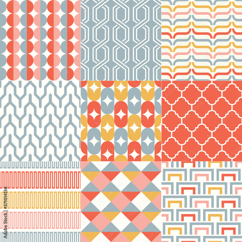 Retro abstract seamless pattern set. Modern vector repeated geometric background. Interior wallpaper