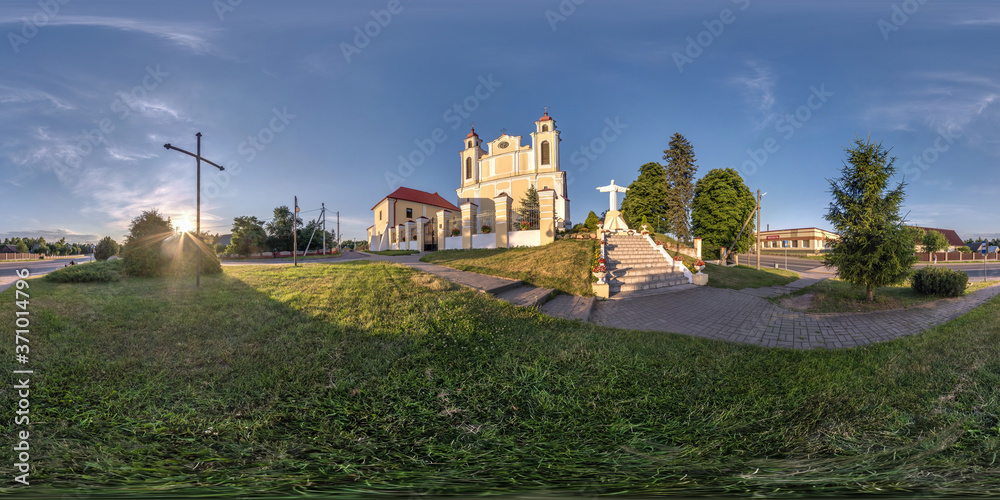 Full seamless spherical hdri panorama 360 degrees angle with decorative medieval style architecture baroque church with jesus monument in equirectangular projection with zenith and nadir. vr content