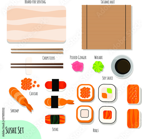 flat style food illustration rolls and sushi chopsticks wasabi caviar and salmon fillet