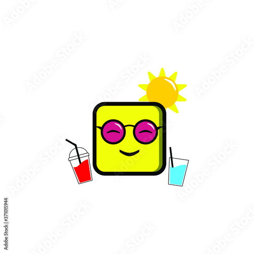 yellow emoji drinking two soft drinks in the hot sun, holiday, vacation, smiley
