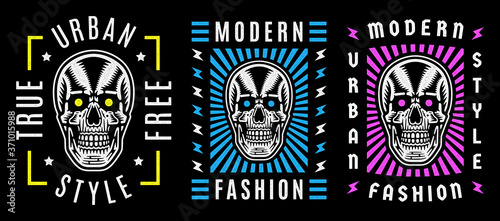 Vintage white skull. Retro print for t-shirt. Modern fashion.