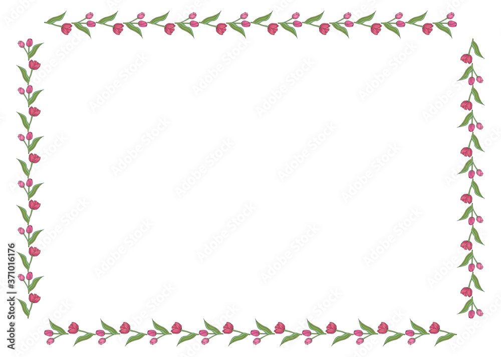 Frame with stylish cute pink tulips on white background. Vector image.