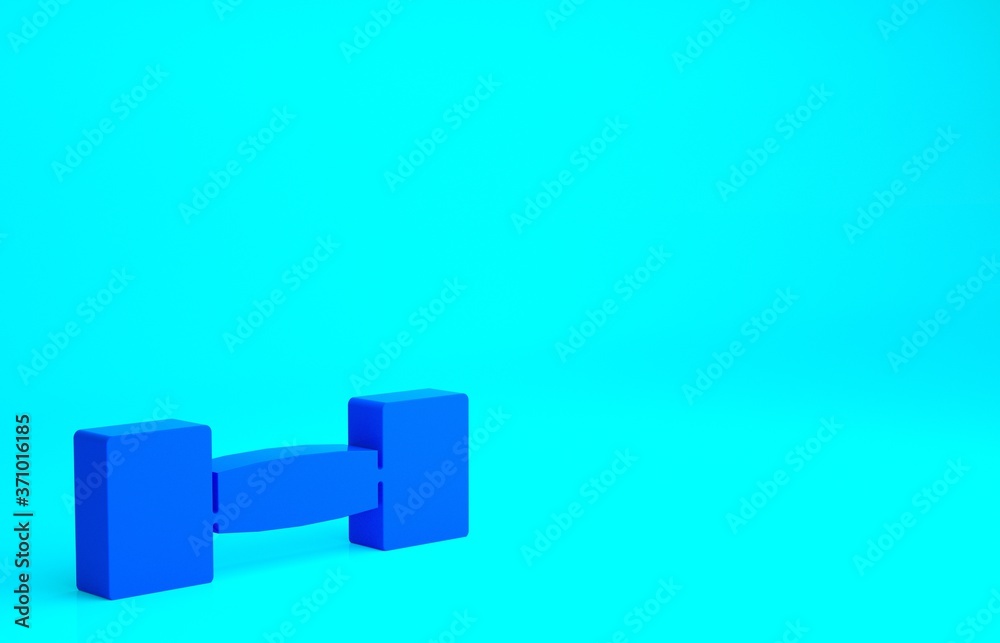 Blue Dumbbell icon isolated on blue background. Muscle lifting icon, fitness barbell, gym, sports equipment, exercise bumbbell. Minimalism concept. 3d illustration 3D render.