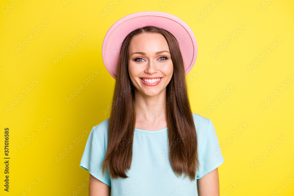 Portrait of optimistic nice lady traveler look good in camera toothy smile wear summer outfit isolated over vivid color background Portrait of optimistic nice lady traveler look good in camera toothy smile wear summer outfit isolated over vivid color background
