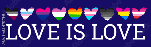 LGBTQ flags in form of heart. love is love. different types of flags