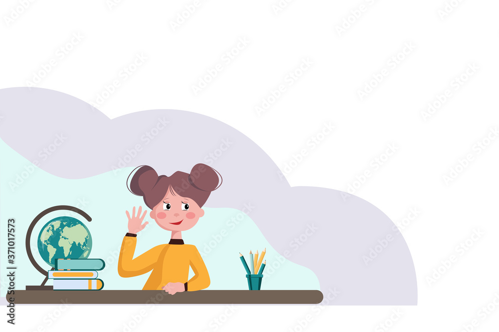 A teenage girl is studying at school sitting at a Desk. An elementary school student doing homework online at home A teenage girl is studying at school sitting at a Desk. An elementary school student doing homework online at home