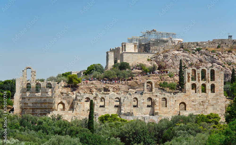 The view to Odeon of Herodes Atticus and Acropolis of Athens in Greece