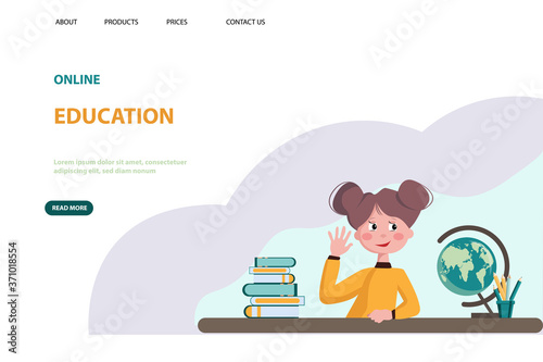 A teenage girl is studying at school sitting at a Desk. An elementary school student doing homework online at home