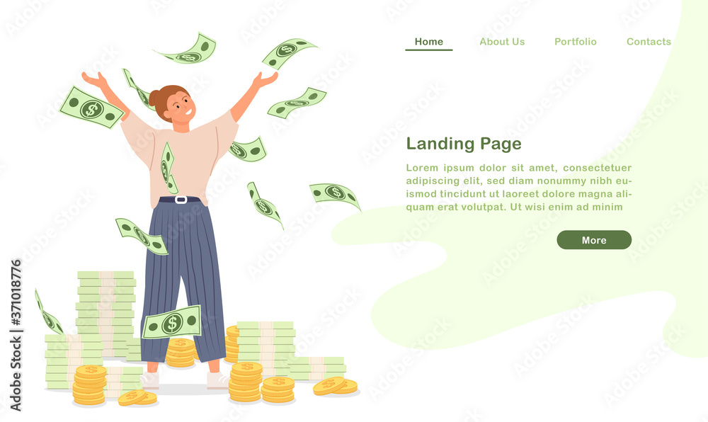 Obraz premium Website landing page template cartoon become rich wealthy people happy with countless money