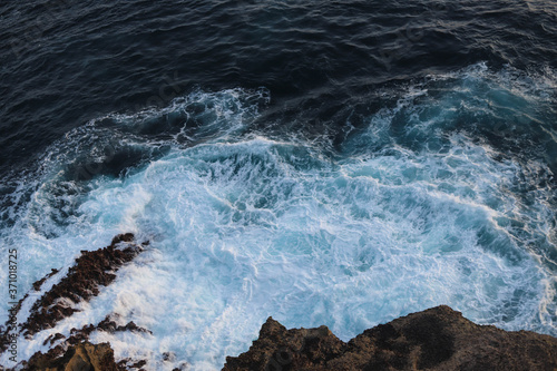 Top View of waves at the Angel's Billabong beach on Nusa Penida Island, Bali, Indonesia. Amazing view of Indian Ocean