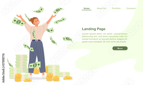 Website landing page template cartoon become rich wealthy people happy with countless money