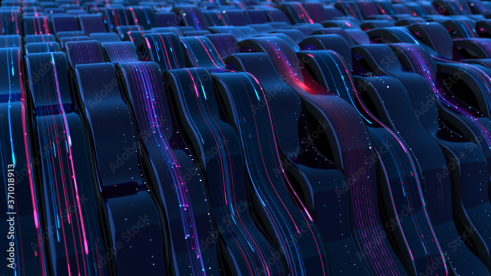 Fototapeta premium Neon light trails on wavy surface 3D rendering