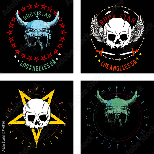 Set of four illustrated skulls. Vector drawings of heads for t-shirts or posters.