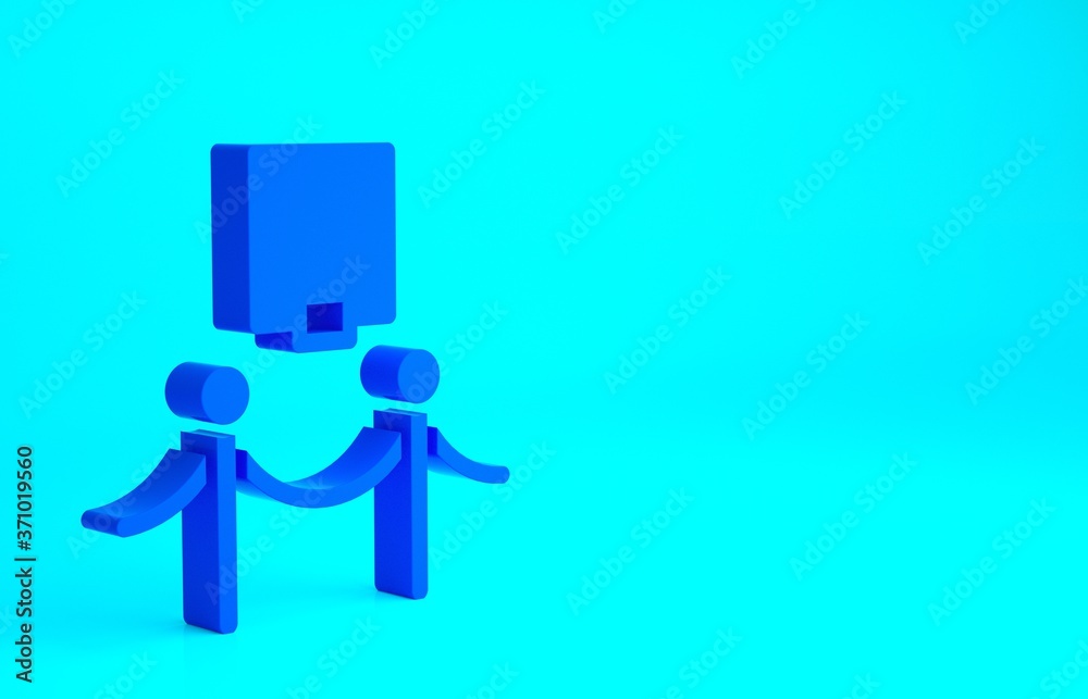 Blue Picture frame and rope barrier icon isolated on blue background. Exhibit protection. Museum gallery interior. Minimalism concept. 3d illustration 3D render. Blue Picture frame and rope barrier icon isolated on blue background. Exhibit protection. Museum gallery interior. Minimalism concept. 3d illustration 3D render.