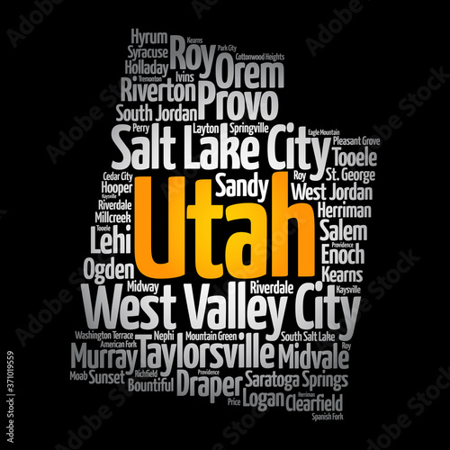 List of cities in Utah USA state, map silhouette word cloud, map concept background