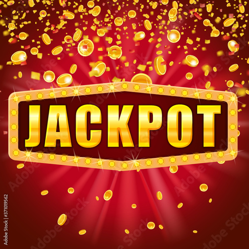 Jackpot Winner banner shining retro sign illuminated by spotlights falling coins and confetti