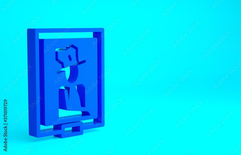 Blue Portrait picture in museum icon isolated on blue background. Minimalism concept. 3d illustration 3D render. Blue Portrait picture in museum icon isolated on blue background. Minimalism concept. 3d illustration 3D render.