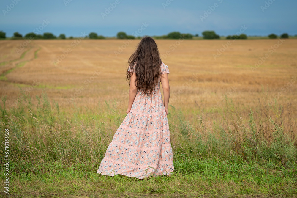 Beautiful young girl walking in a field. A girl in a rustic dress with long hair stands with her back to the camera and looks at a freshly cut and harvested field. Beautiful young girl walking in a field. A girl in a rustic dress with long hair stands with her back to the camera and looks at a freshly cut and harvested field.