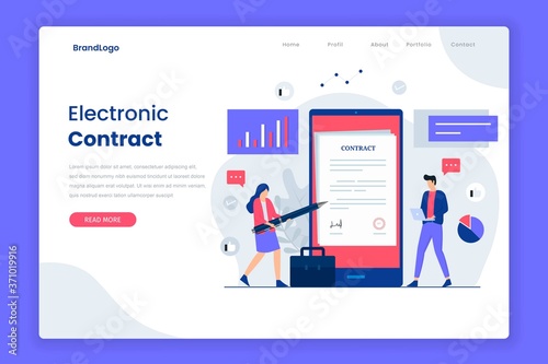 Electronic contract illustration landing page template.  Illustration for websites, landing pages, mobile applications, posters and banners.