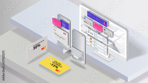 Mobile phone and office computer with the interface of the financial application in the isometric